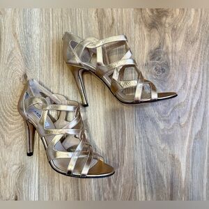 L.K. Bennett Metallic Gold Strappy Zip-Back Heels EUC Size 38